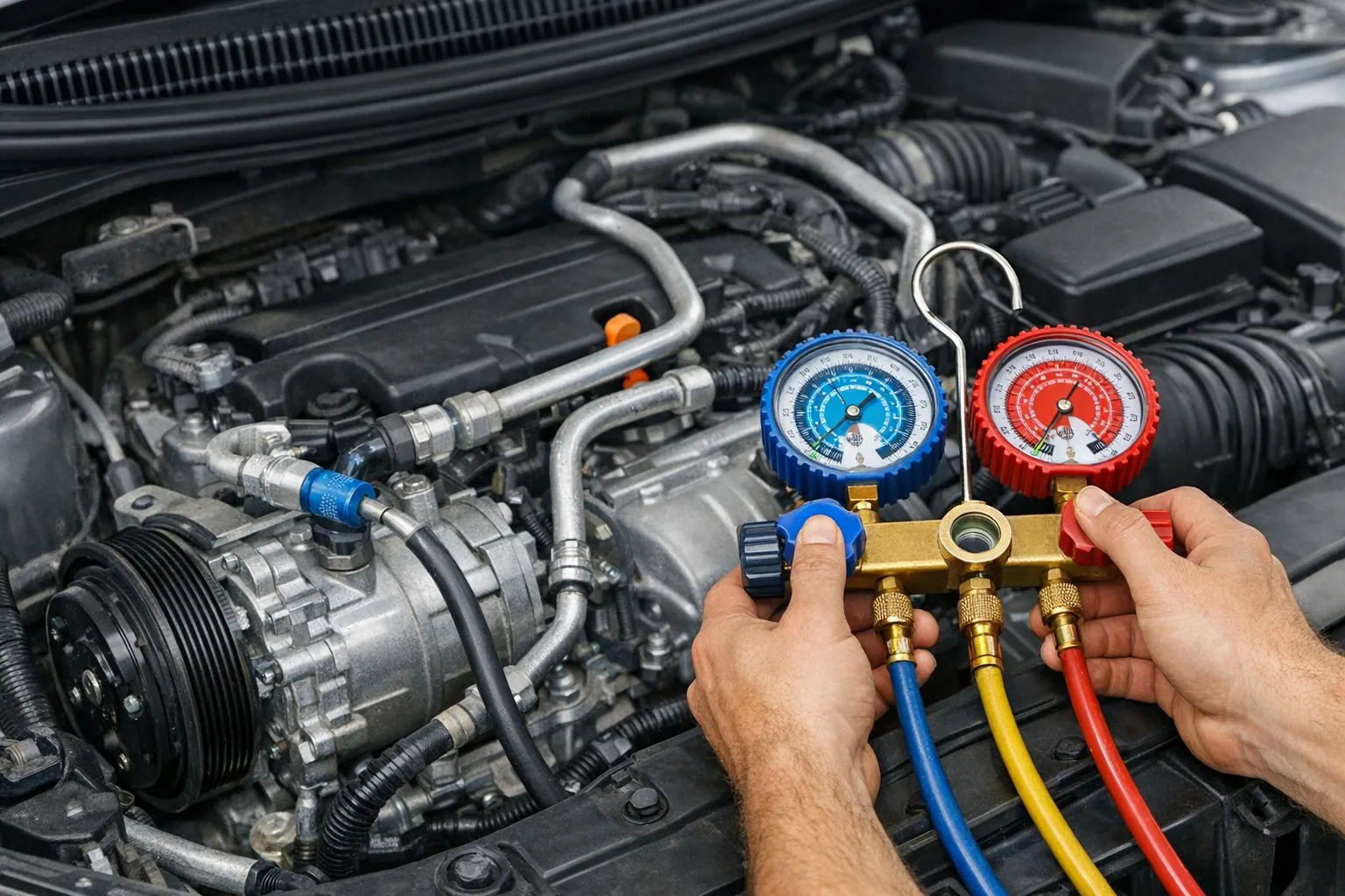 Car AC compressor diagnostic with refrigerant gauges in Las Vegas