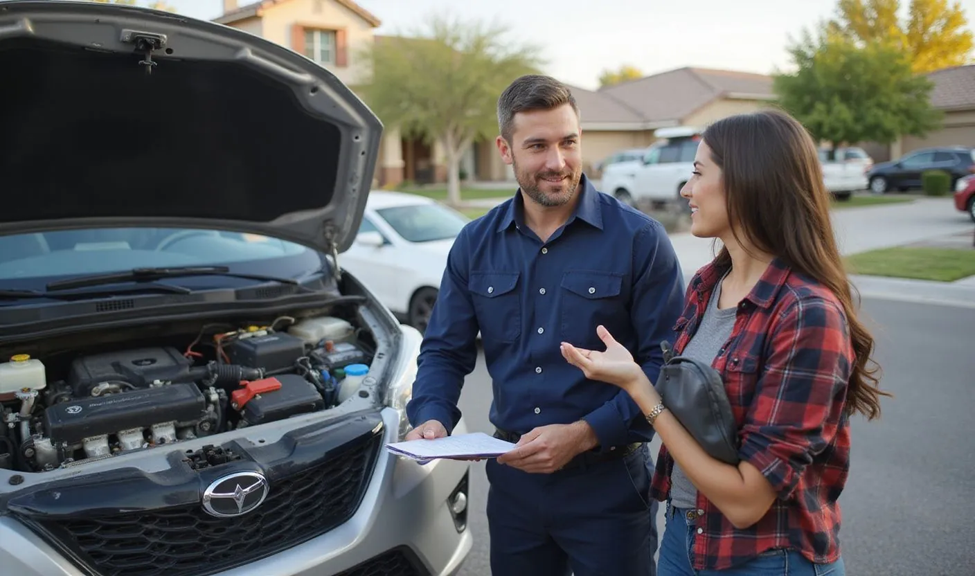 Mobile mechanic explaining AC repair diagnosis to customer in Las Vegas driveway
