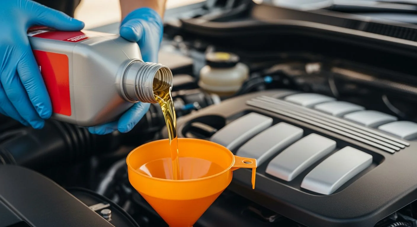 Fresh synthetic motor oil being poured into engine bay during mobile oil change